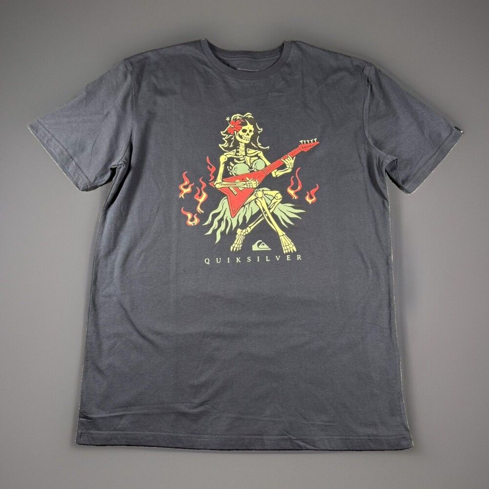 Quiksilver Men's Hot Motion Outer Zone Graphic Tee Black Skeleton Guitar Size L
